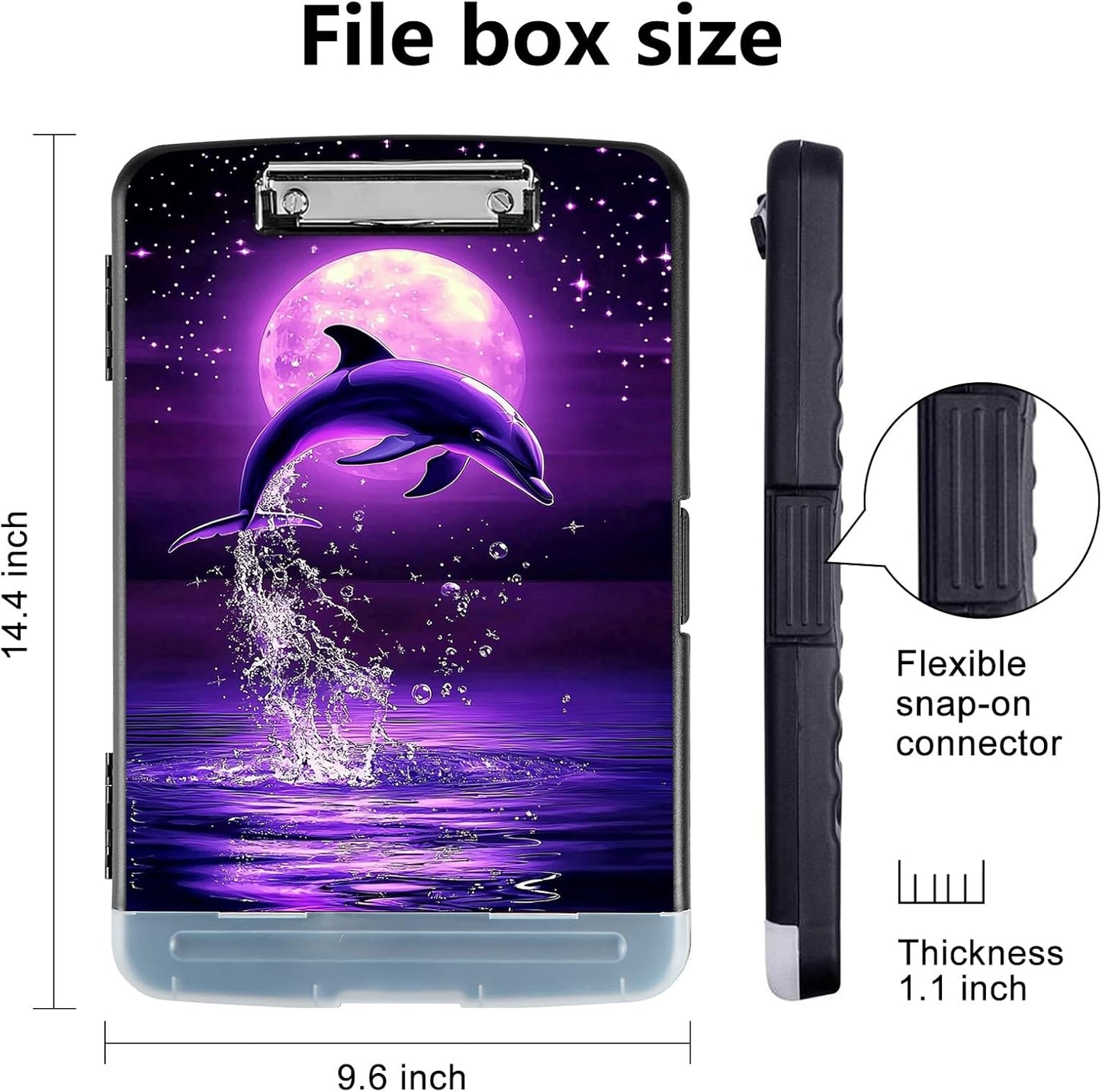 Clipboard with Storage - Large Capacity,Nursing Clipboard with Pen Holder,Heavy Duty,Plastic Side-Opening Folder for Teacher,Nurse - Purple Moon Dolphin Jumping