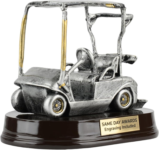 Premium Golf Cart Trophy Award – Custom Engraved Resin Golf Award on Rosewood Base – Fun Golf Recognition Gift for Tournaments Leagues Clubs and Charity Events