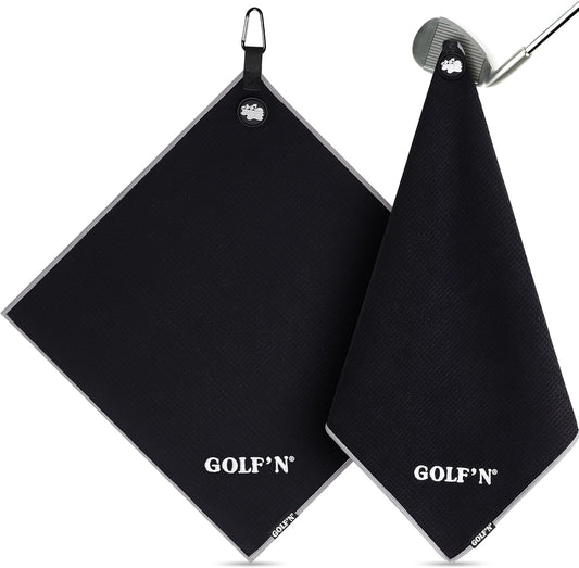 Golf'N Microfiber Towel - Magnetic Golf Towel Black 18" x 18" Golf Towels for Golf Bags with N52 Heavy Duty Magnets, Carabiner Clip & Cross Stitched Reinforced Loop, Premium Golf Accessories