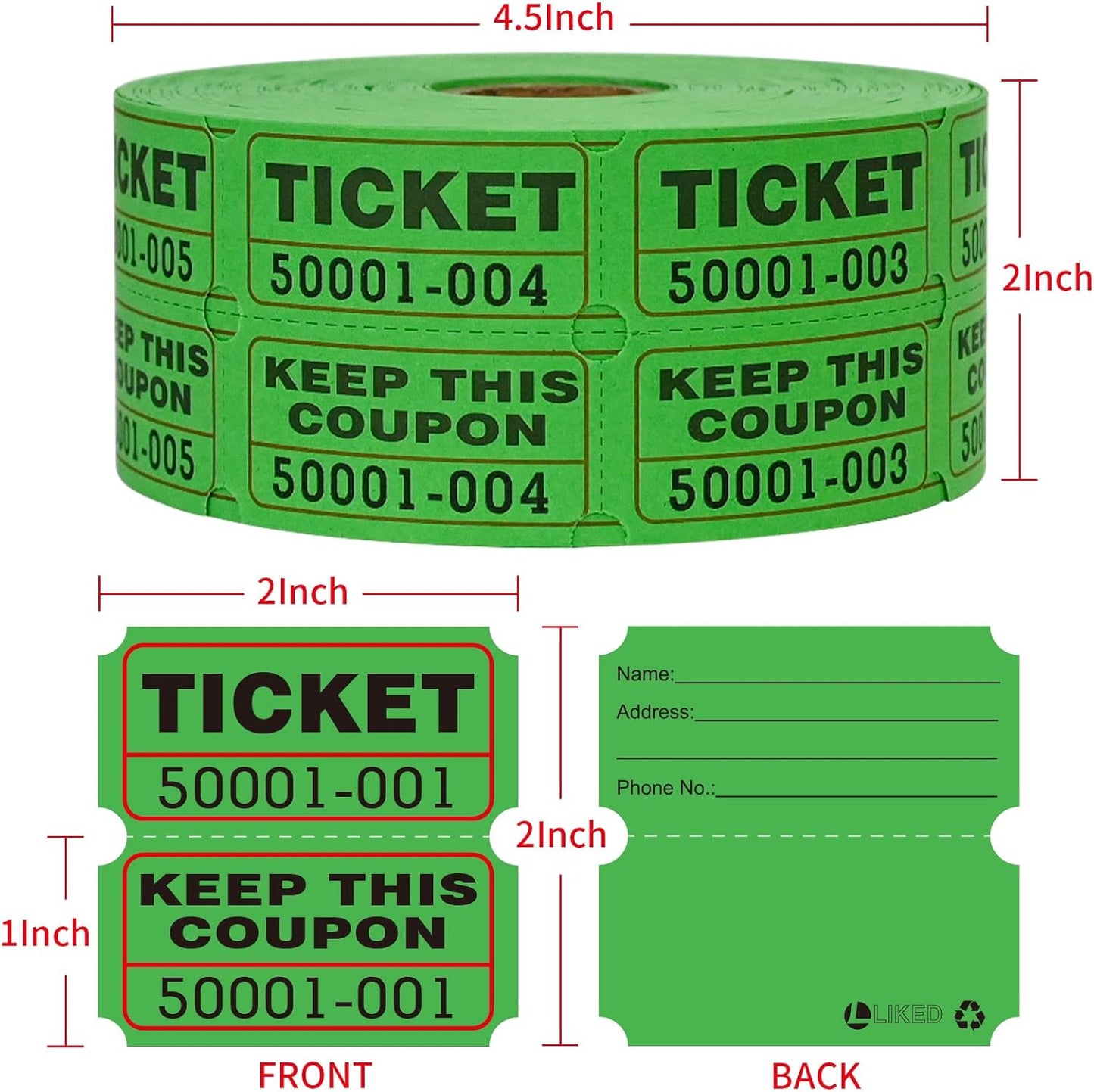 L LIKED Raffle Tickets Double Rolls 1000 per Roll 50/50 Raffle Tickets for Events, Entry, Class Reward, Prizes (Green)