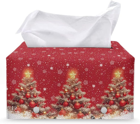 Christmas Tree Tissue Box Cover Rectangle Leather Tissue Box Holiday Home Decor Tissue Holder for Home Office Bathroom Desk Red