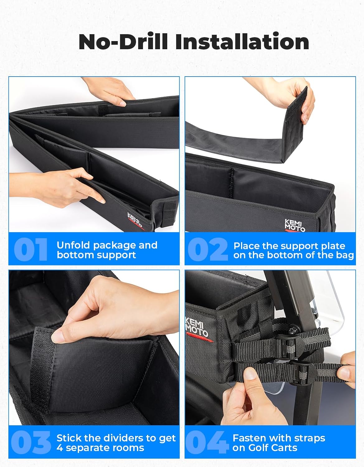 KEMIMOTO Golf Cart Inner Front Storage Basket No Drilling Golf Cart Organizer Foldable Universal Compatible with EZGO Drive Club Car Kandi Electric Golf Carts, 1680D Golf Cart Caddy Organizer, Black