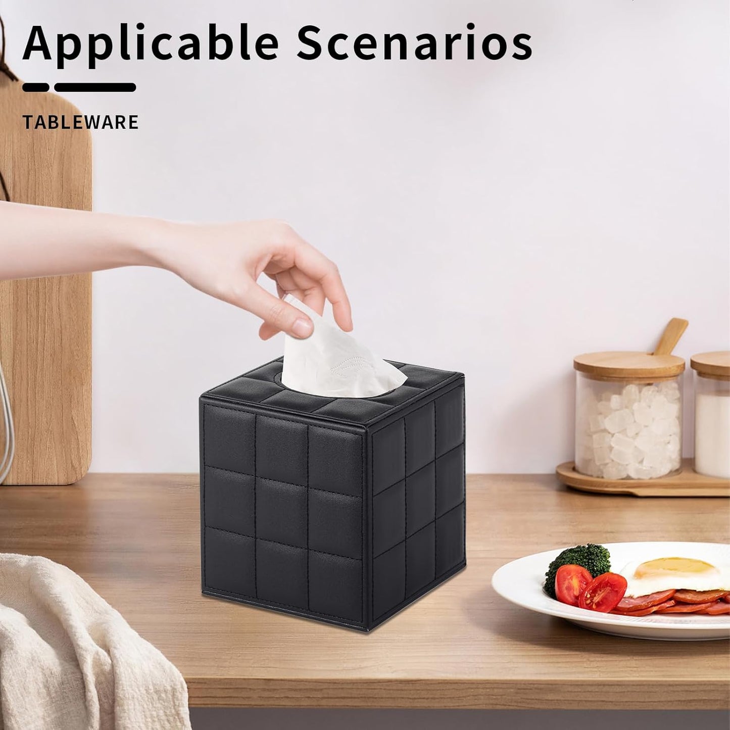 Tissue Box Cover Square Tissue Box Holder PU Leather Facial Organizer with Magnetic Bottom,Decorative Napkin Caddy for Vanity Dresser Night Stand Table Countertop Home Office Car,Black