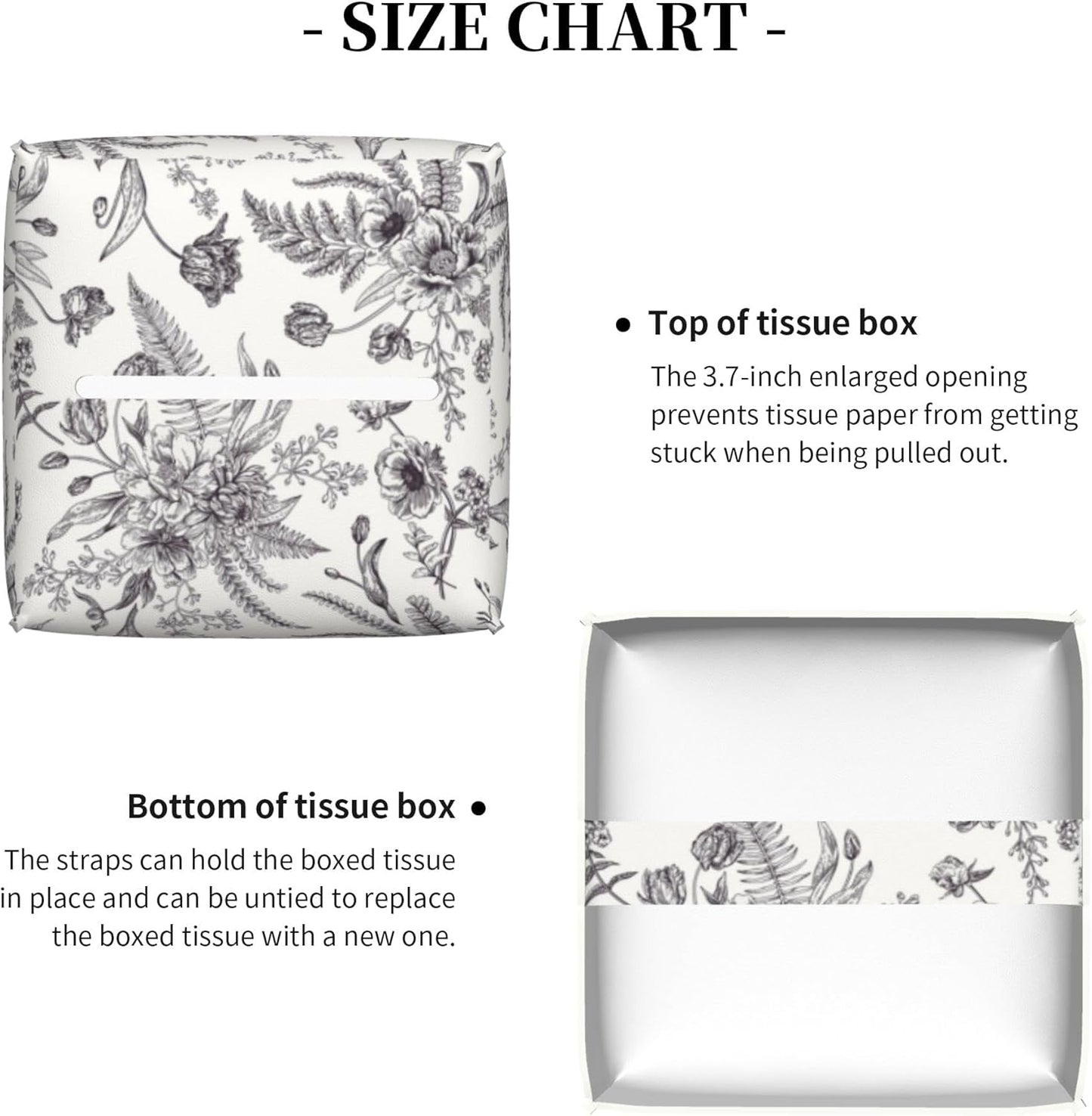 Black and White Flowers Tissue Box Cover Square,Vintage Floral Plant Leaves Tissue Box Holder Waterproof Leather Facial Paper Organizer Dispenser for Bathroom Home Car Nightstand Vanity Desk