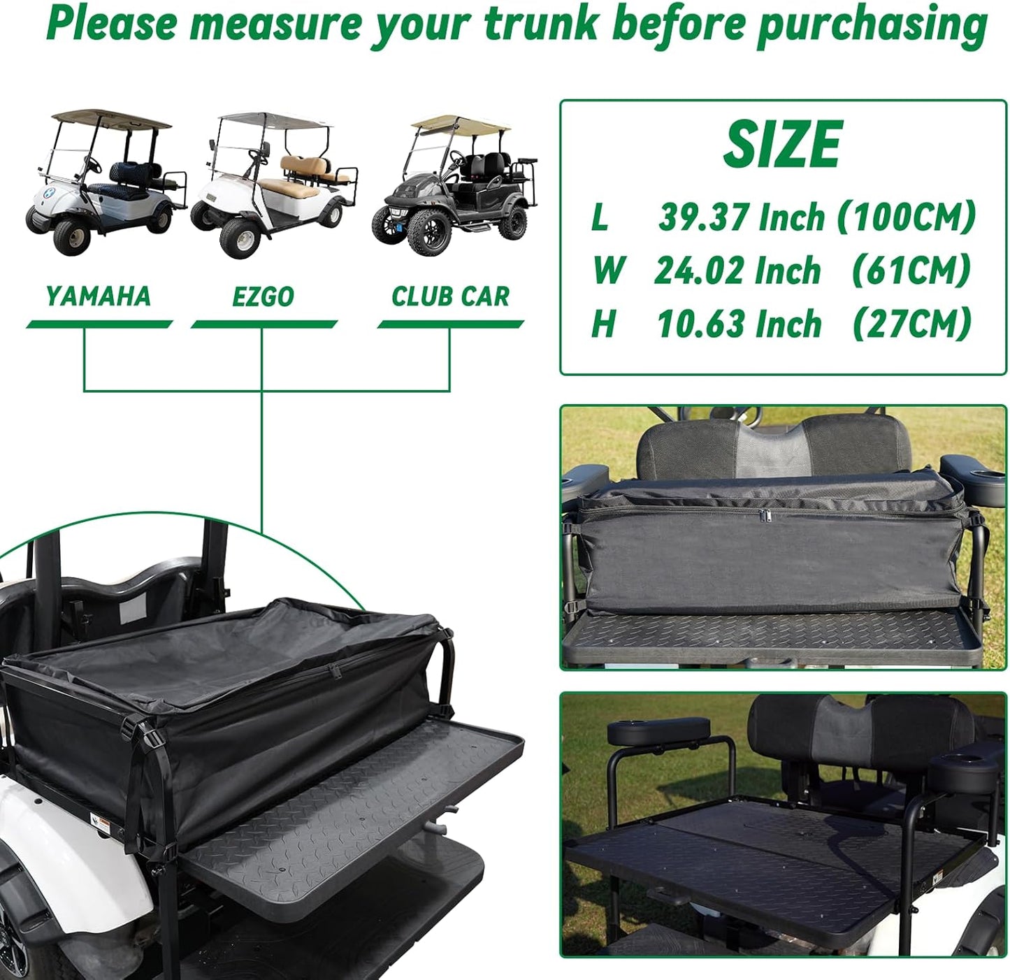 Golf Cart Storage Organizer, Sturdy Golf Cart Trunk Organizer, Collapsible for Yamaha,Club Car, EZGO Golf Cart, Pickup Truck Bed, Van, Adjustable Securing Straps, Foldable Cover Black