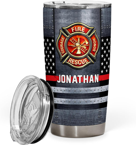 Fireman Thin Red Line Fire Department American Flag Tumbler - Gifts for Firemen, Fireman, Firefighter Academy Graduation Retirement Birthday Gifts - 20oz Tumbler With Lid