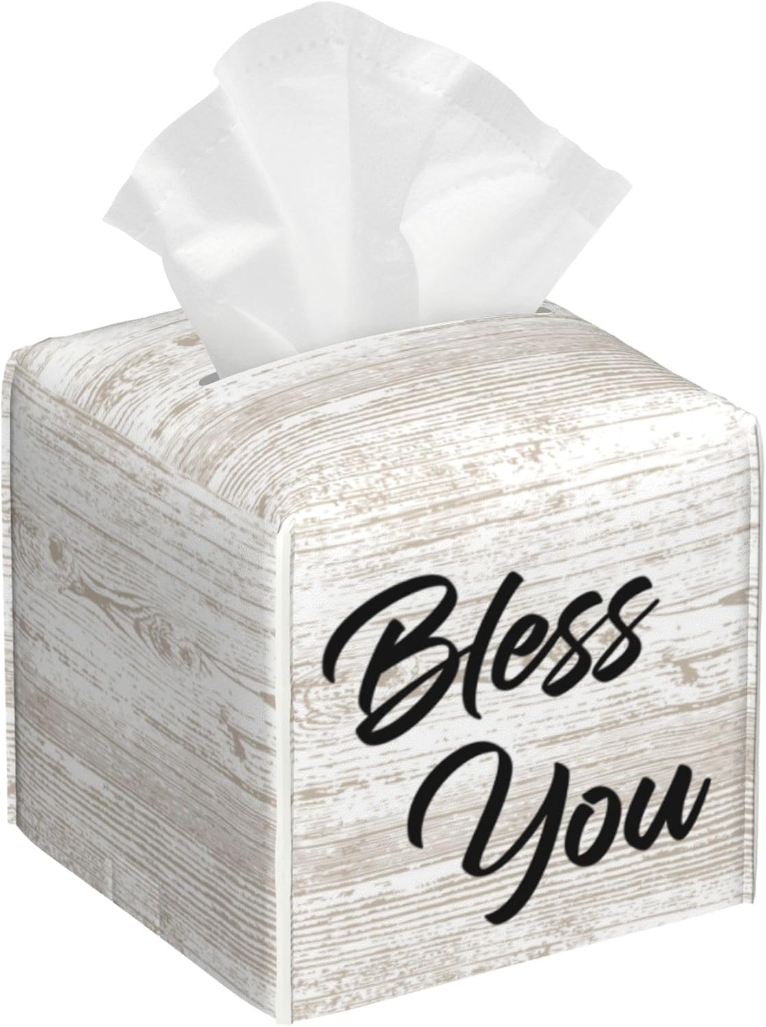 Bless You Tissue Box Cover Square, Wooden Board Texture Tissue Box Holder Waterproof Leather Facial Paper Organizer Dispenser for Bathroom Home Car Nightstand Vanity Desk