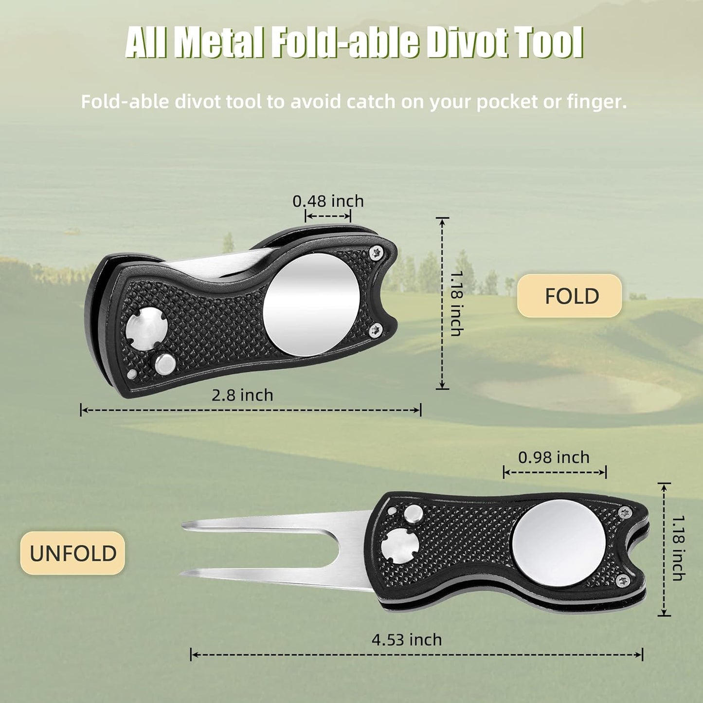 Mile High Life Golf Divot Repair Tool, All Metal Foldable Divot Tool with Pop-up Button & Magnetic Ball Marker, 2-6 Pack