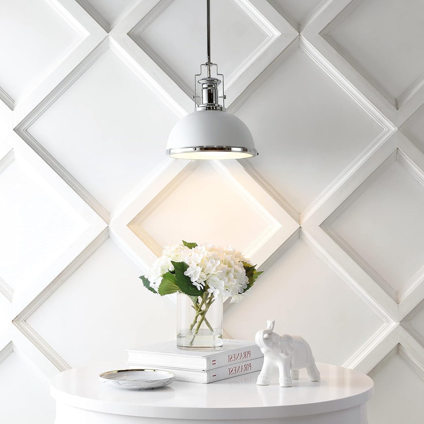 JONATHAN Y JYL9536C Homer 13" 1-Light Modern Industrial Iron LED Dome Pendant Classic, Cottage, Farmhouse Bedroom Living Room, Chrome/White