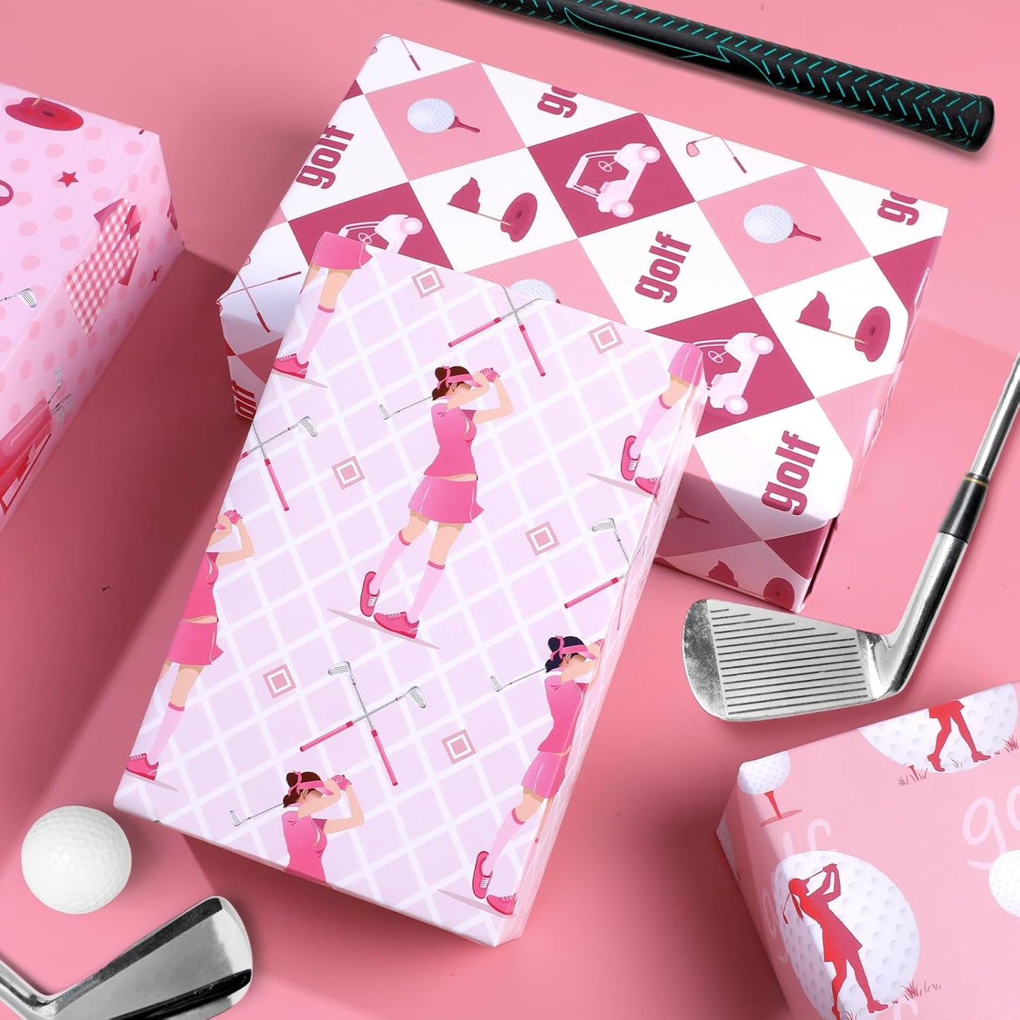 Golf Wrapping Paper 12 Sheets Pink Golf Themed Design Gift Wrap for Girls,Golfers,Golf Lovers,20"×28"