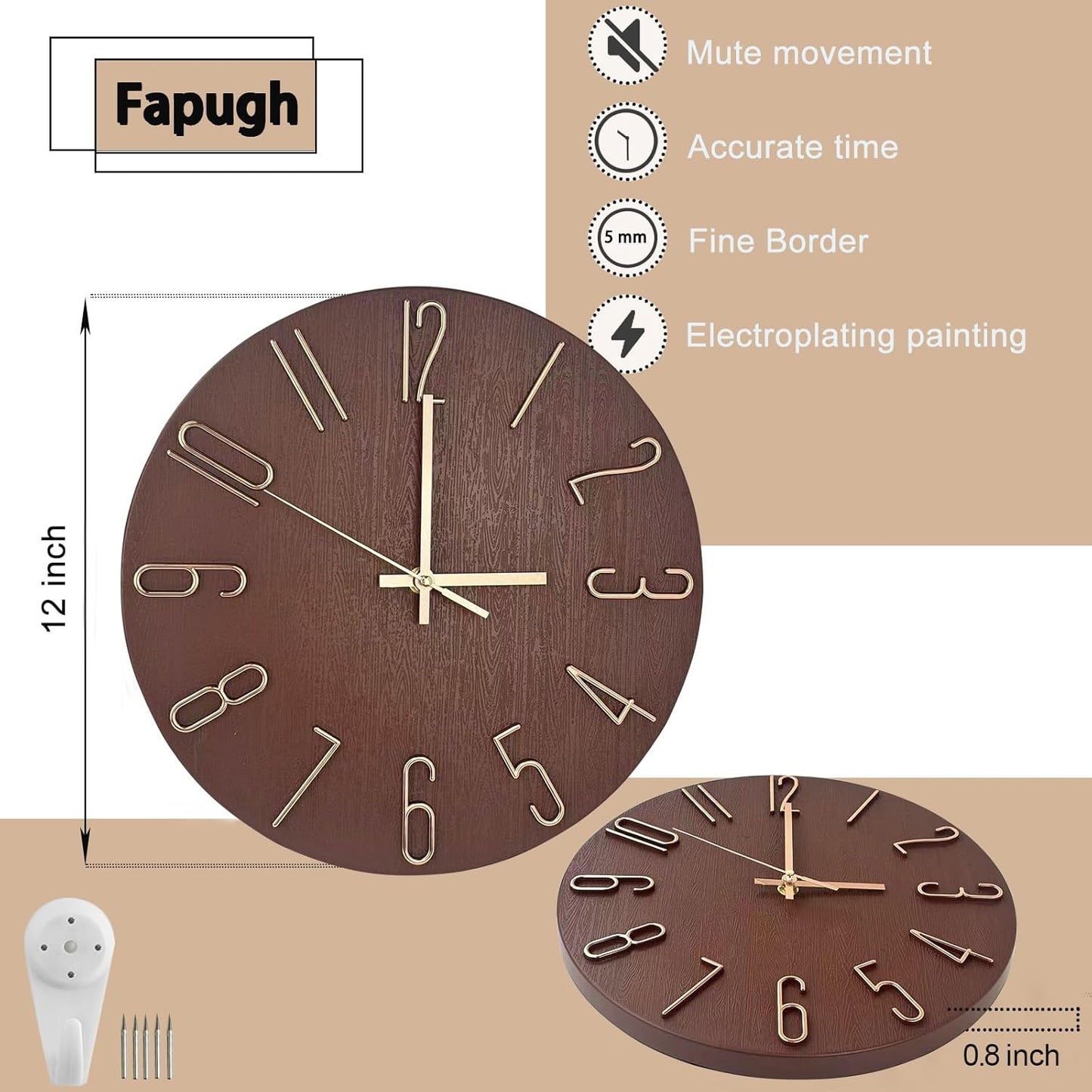 Wall Clock, Silent Clock, Wall Clocks Battery Operated， 12 inch Modern Wall Clock, Suitable for Offices, Living Rooms, Kitchens, Homes, Schools (Retro Brown Without Second Hand)