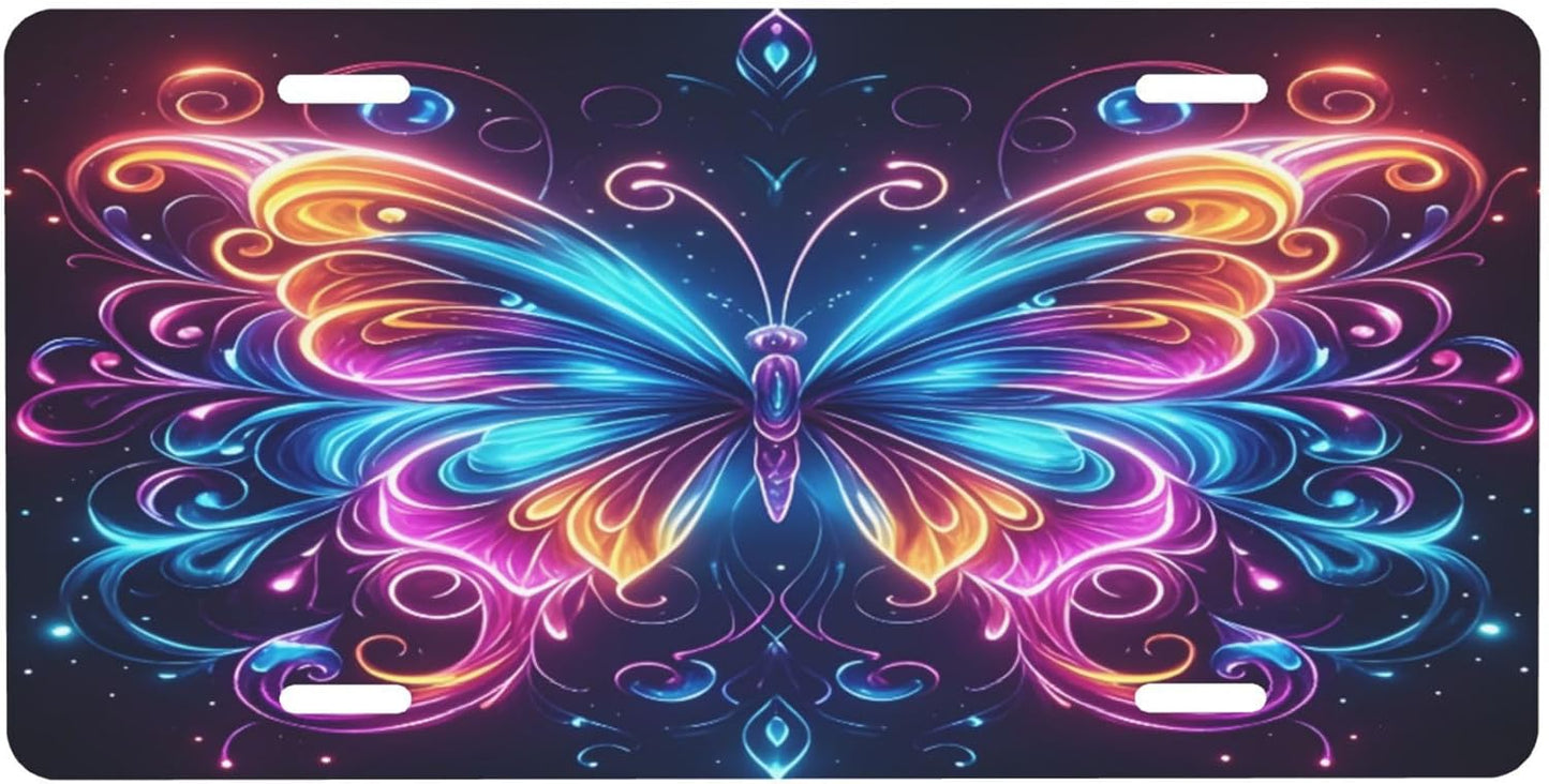 Animal Butterfly Rainbow License Plate Funny Aluminum Front License Plates Decorative Waterproof Rust-Free Metal Car Plate Covers for Women Men Car Tag Accessories fit Truck SUV Rv 12 X 6 in