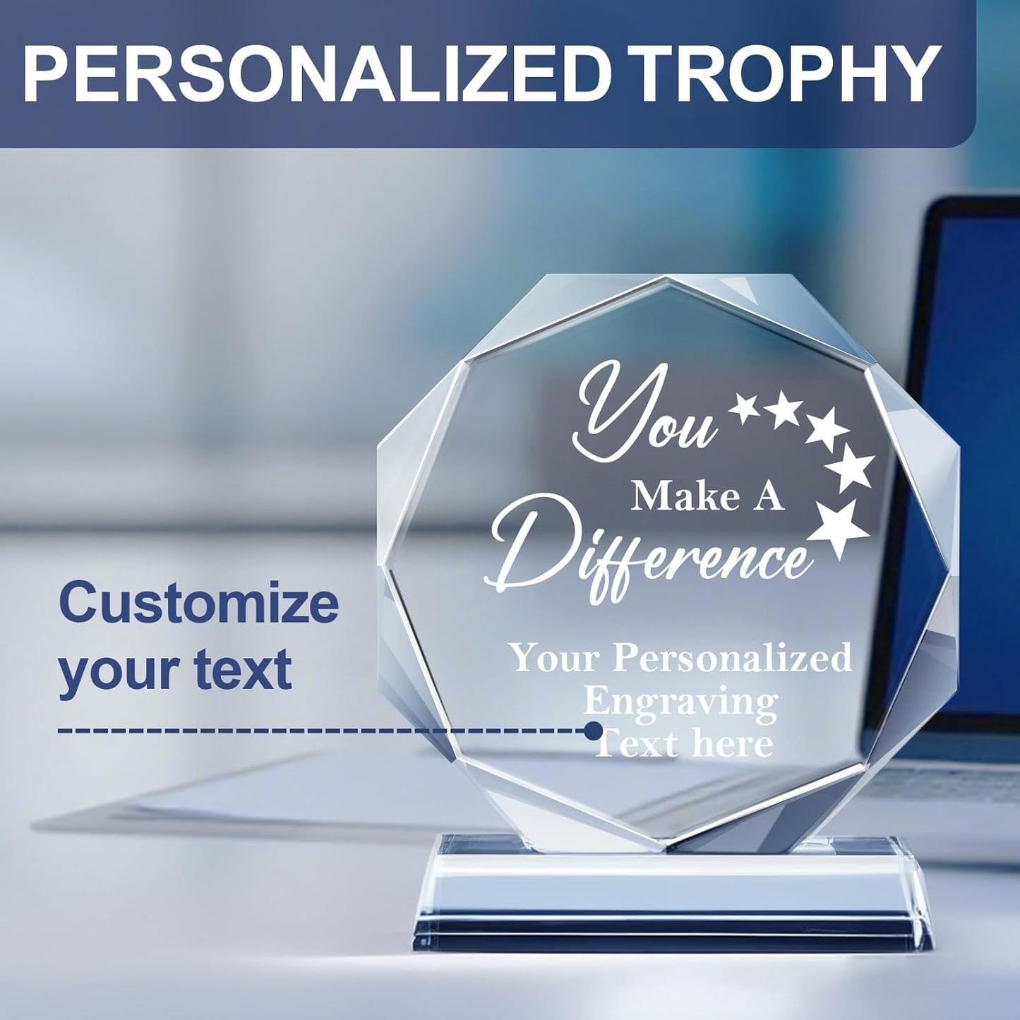 Personalized Crystal Trophy Award - Custom Plaque w/Engraved Text Logo - Employee Appreciation Gifts, Farewell Retirement Gifts - Custom Trophy and Employee Recognition Awards