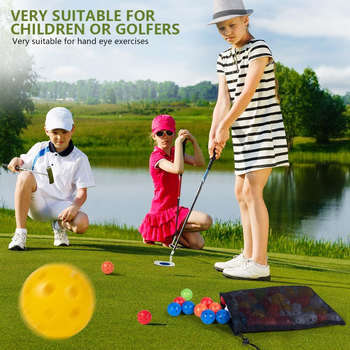 90 Pack Colorful Plastic Practice Golf Balls Airflow Hollow Training Golf Balls with Nylon Mesh Bags for Driving Range, Swing Practice, Outdoor or Home Use