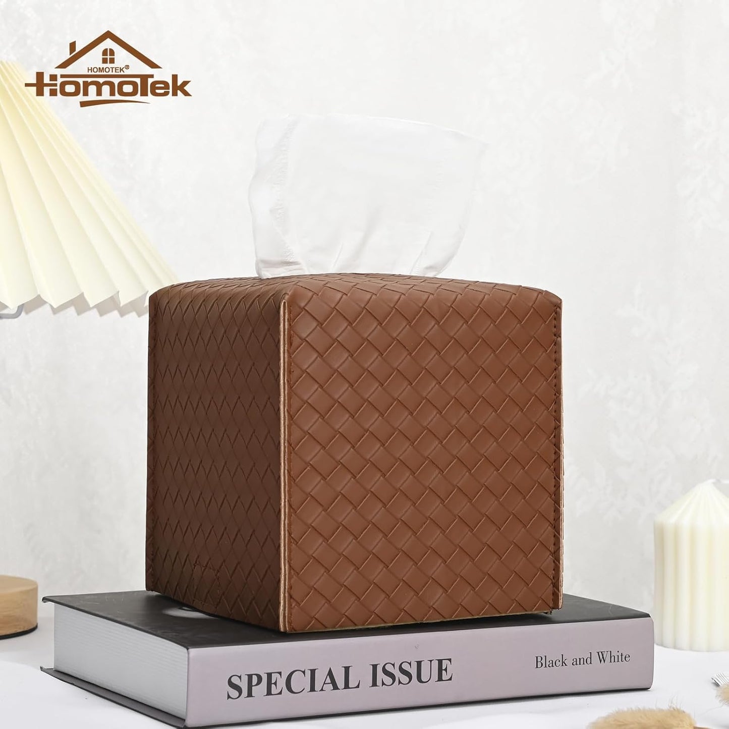 HOMOTEK 2 Pack Tissue Box Cover, Square PU Leather Tissue Holder, Decorative Facial Tissue Cube Paper Organizer Dispenser for Bathroom, Night Stands, Desk, Car 5X5X5'' - Woven Waffle,Chocolate