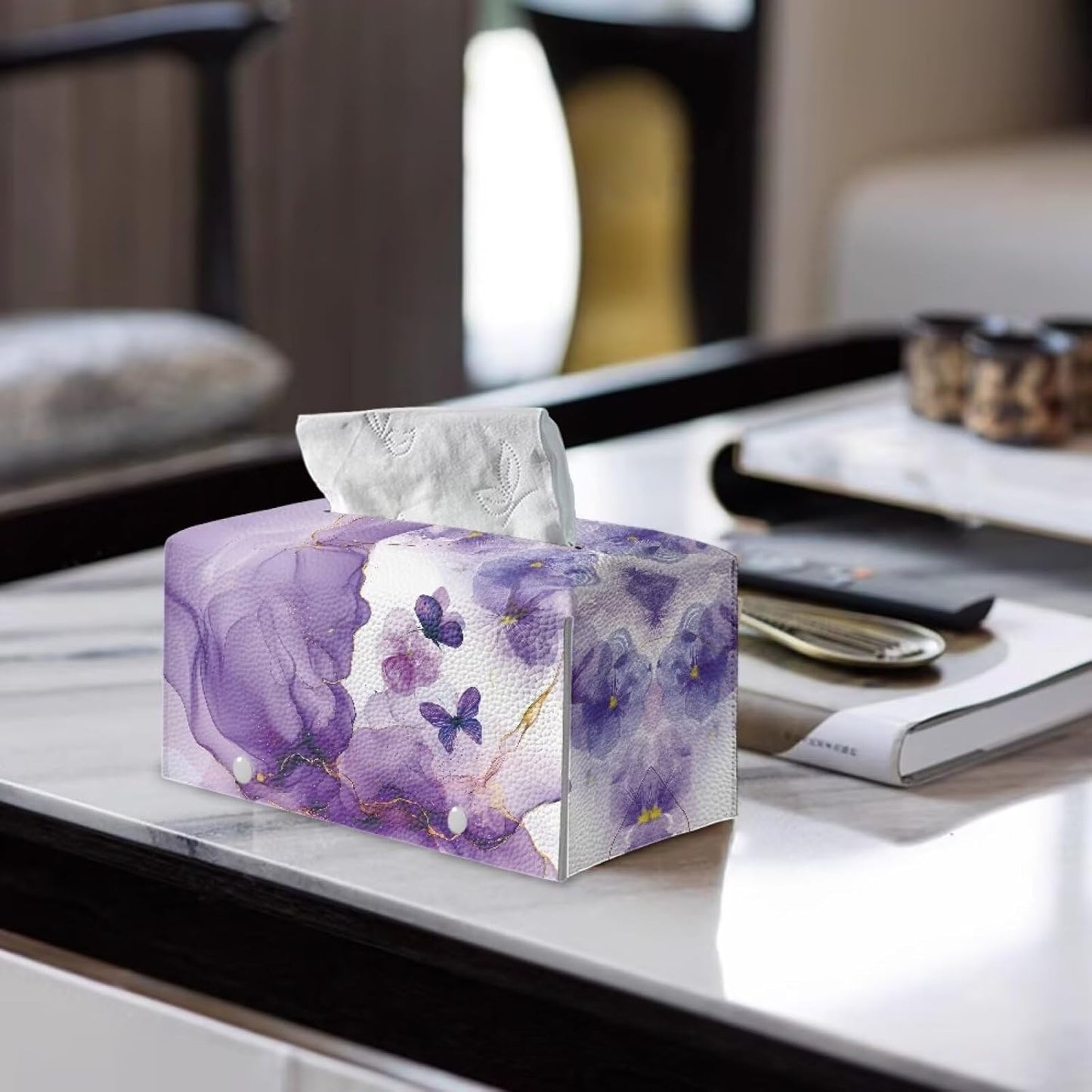 Purple Marble Print Tissue Box Cover Rectangle Marble Floral Tissue Box Cover PU Leather Tissue Cover Decorative Organizer Tissue Box for Home Car Hotel Office Indoor Decorations