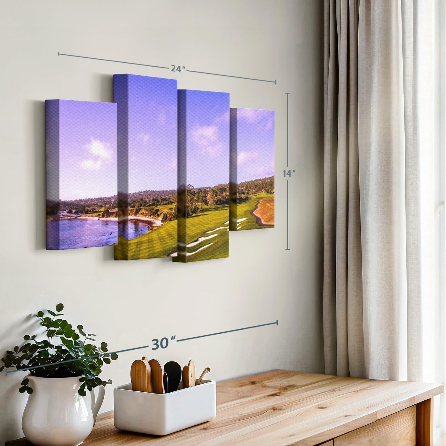 Elephant Stock Coastline Green Golf Course Wall Art - Horizontal Canvas - 4-Piece Living Room Wall Decor - Photography Sports Canvas Print - Blue and Gray Decor for Wall - 24" X 14"