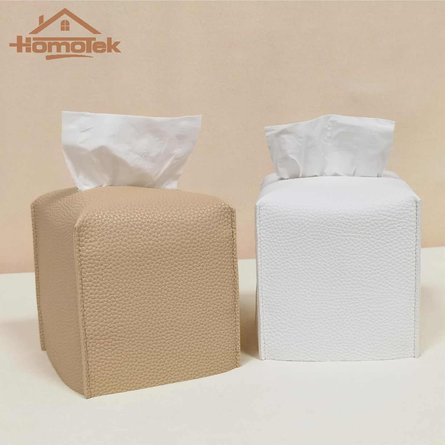 HOMOTEK 2 Pack Tissue Box Cover, Square PU Leather Tissue Holder, Decorative Facial Tissue Cube Paper Organizer Dispenser for Bathroom, Night Stands, Desk, Car 5X5X5'' - White, Pebble Grain