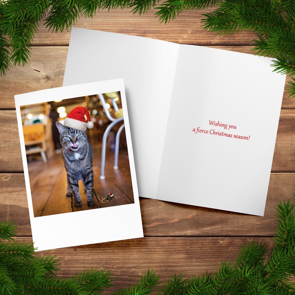 Photographic Christmas Cards, “Not a Creature Was Stirring,” Cat and Mouse with Santa Hats (6 Cards with White Envelopes)