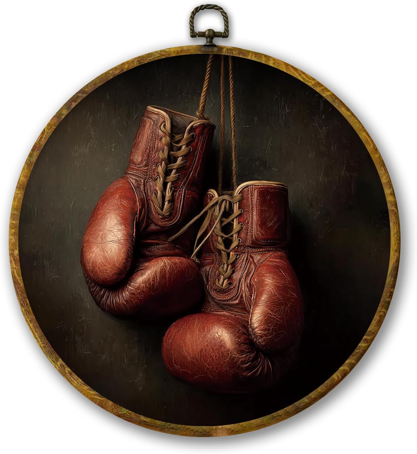 Vintage Red Boxing Gloves Wall Art Decor, Sport Framed Canvas Prints 10x10, Rustic Retro Boxing Round Wall Hanging Artwork Decorations for Home Bedroom Gym Sport Room Man Cave