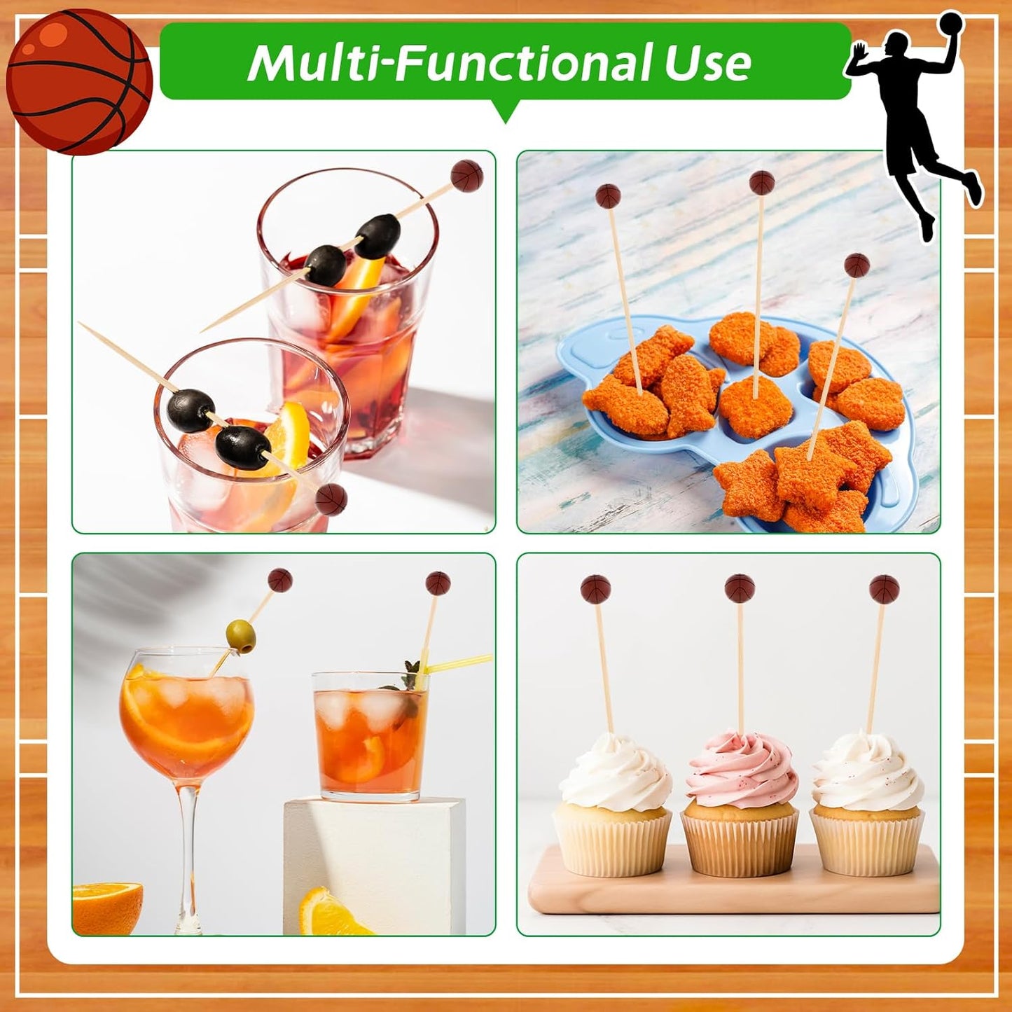 100Pcs Basketball Cocktail Picks 4.7 Inch Decorative Sports Ball End Toothpicks for Appetizers Bamboo Cocktail Sticks Skewers for Drinks, Fruits, Desserts, Charcuterie(Basketball)