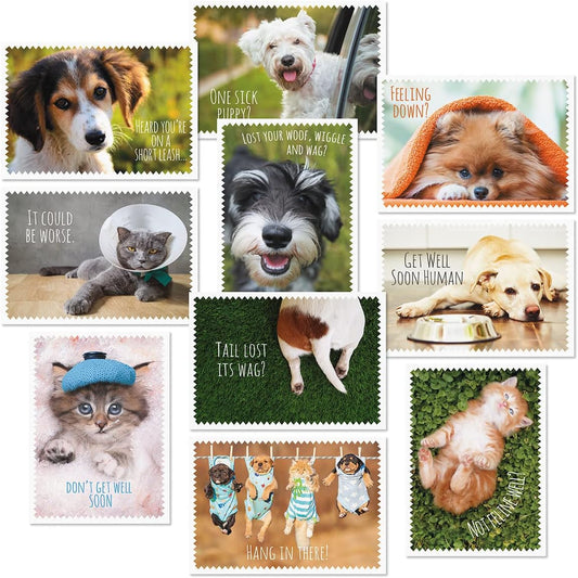 Current Furry Friends Get Well Greeting Cards Value Pack - Set of 20, 10 Unique Designs, Large 5 x 7 Inch Cards, Sentiments Inside, Dogs, Cats, Pets