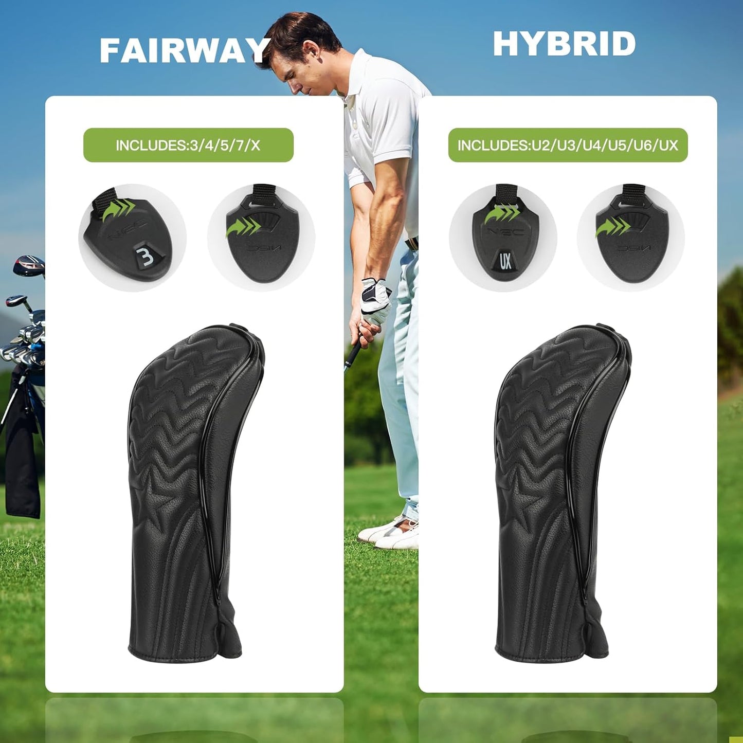 4pcs or 1pc Golf Club Head Covers for Woods, Driver, Fairway, Hybrid – Premium PU Leather with Interchangeable Tags & Magnetic Blade and Mallet Putter Covers