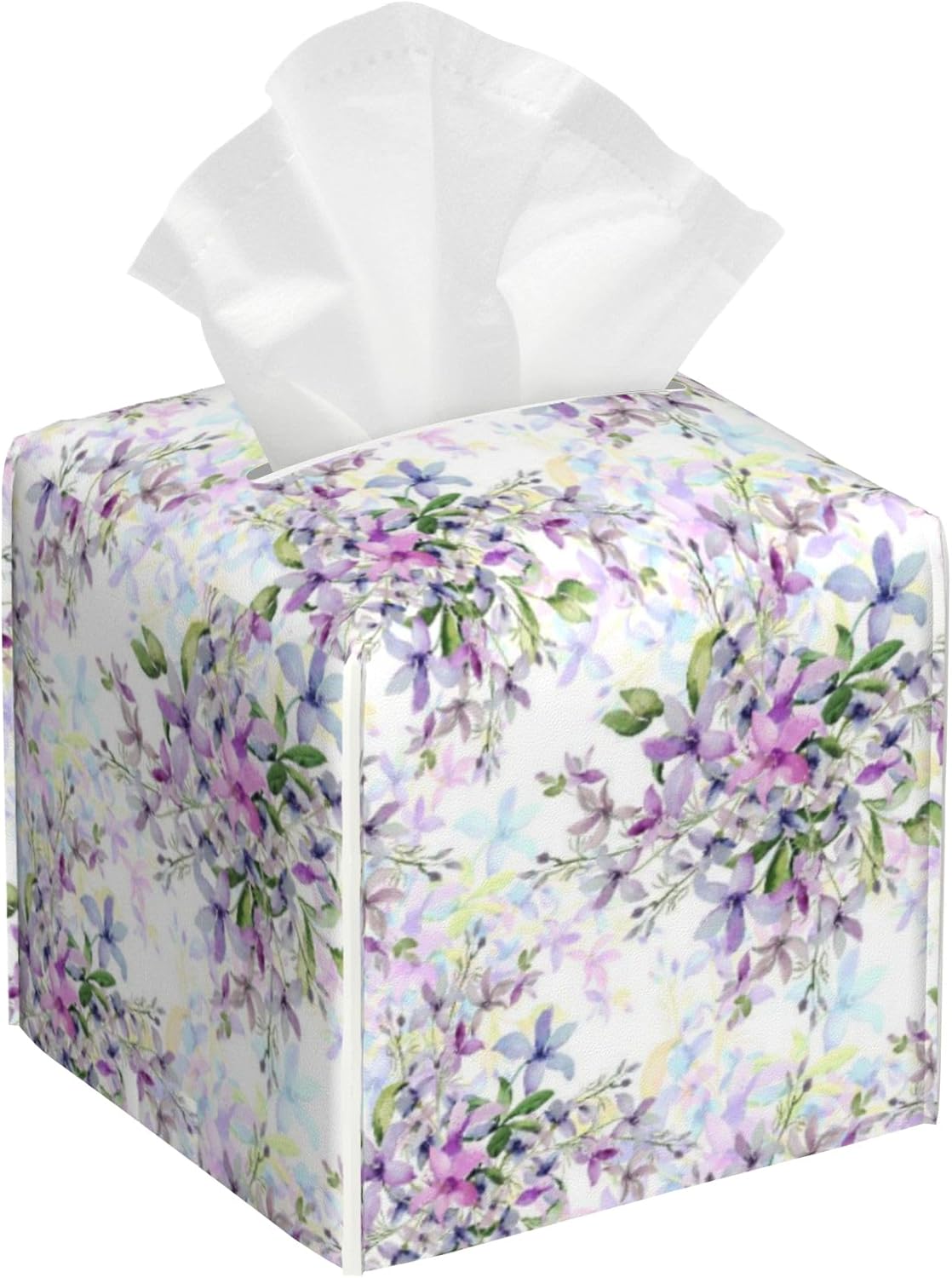 Watercolor Wild Flowers Tissue Box Holder,Purple Flowers Square Leather Tissue Box Cover with Bottom Belt,Modern Napkin Holder Organizer for Car Bathroom Nightstand Vanity Office,5.2" x 5.2" x 5.2"
