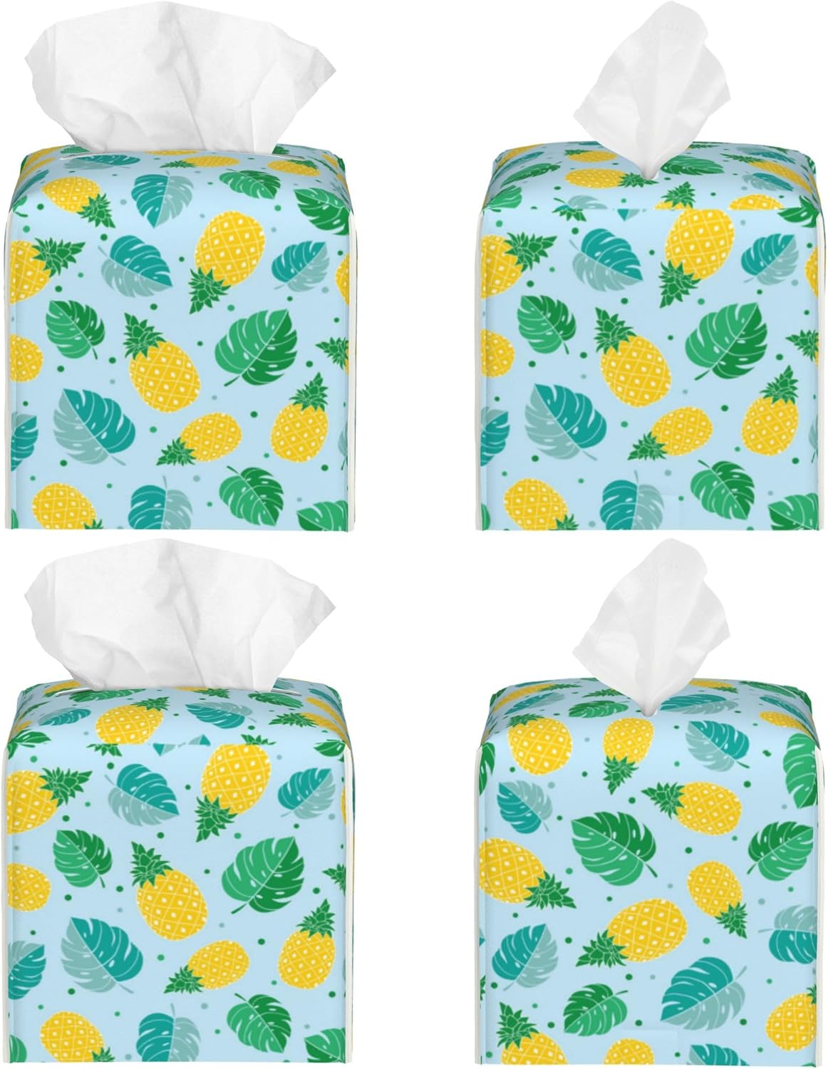 Pineapple and Tropical Leaves Tissue Box Cover Leather Tissue Box Holder Square Facial Paper Organizer Dispenser for Bathroom Kitchen Bedroom Vanity Countertop Night Stands