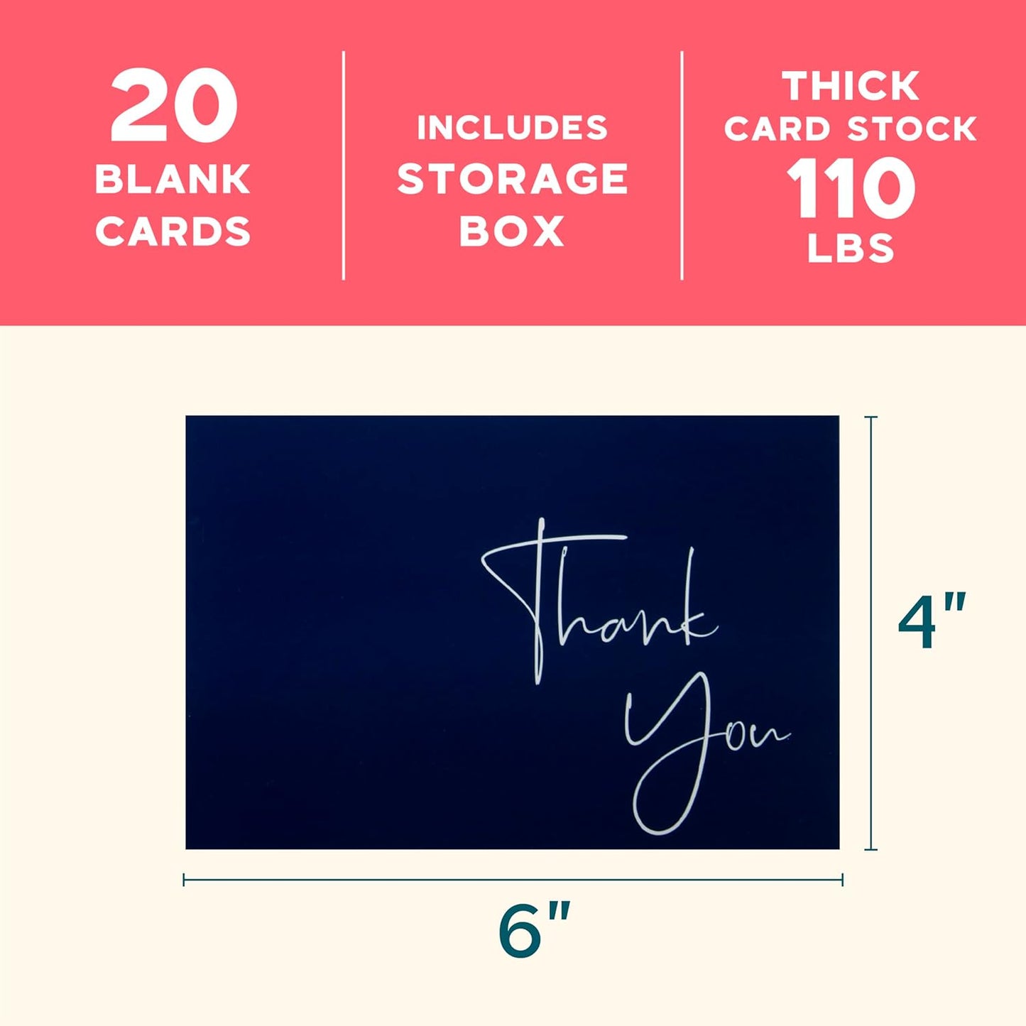 VNS Creations 20 Pack Thank You Cards With Envelopes, Stickers, 4x6 Inch Blank Thank You Notes - Bulk Box Set Large Notes for Graduation, Wedding, Small Business, Baby & Bridal Shower - Navy Blue