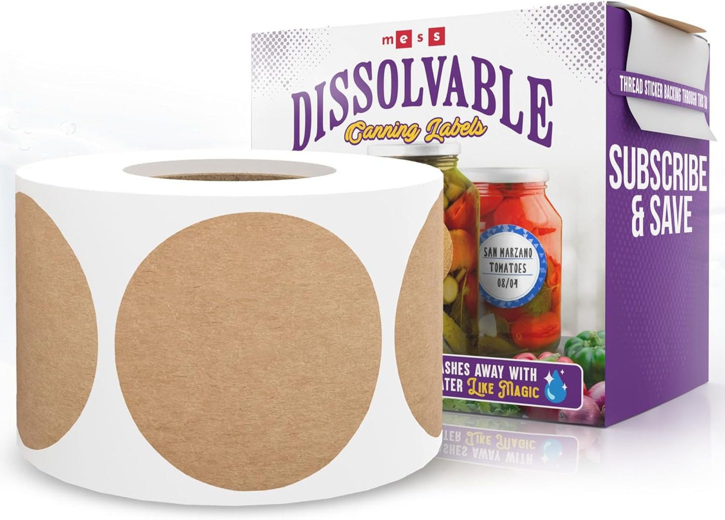 MESS Dissolvable Canning Labels – 200 Kraft 2.5" Removable Mason Jar Stickers for Jars, Containers, Homemade Jam, and Food Storage
