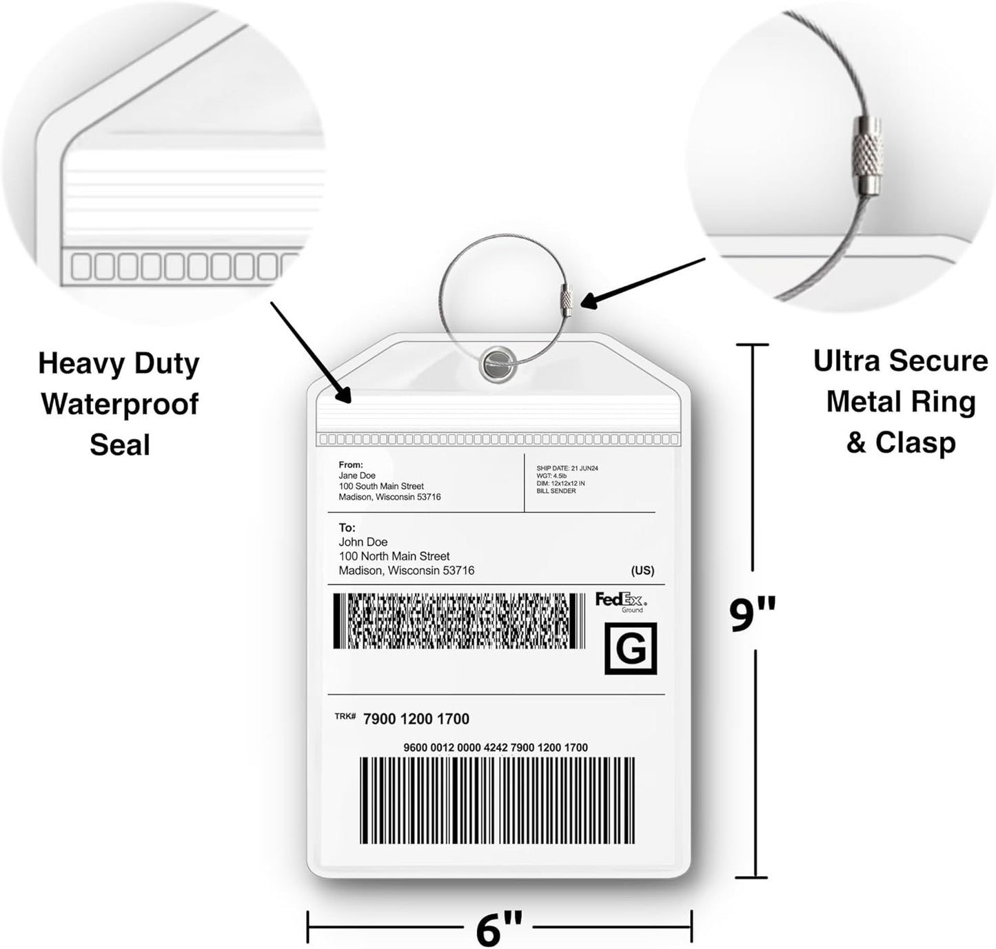 Golf Bag Luggage Tag - Extra Large 9" x 6", Waterproof Plastic Zipper Pouch, PVC Tags for Golf Bag - Sealable Label Holder (1)