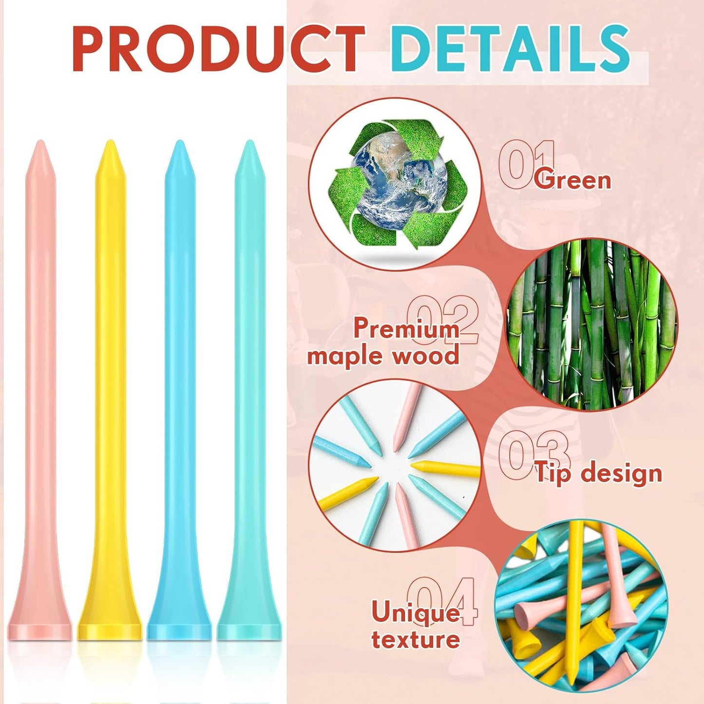 Jenaai 200 Pcs Golf Tees Bamboo Golf Tees Professional Golf Tees Bulk for Women Golf Club Accessories