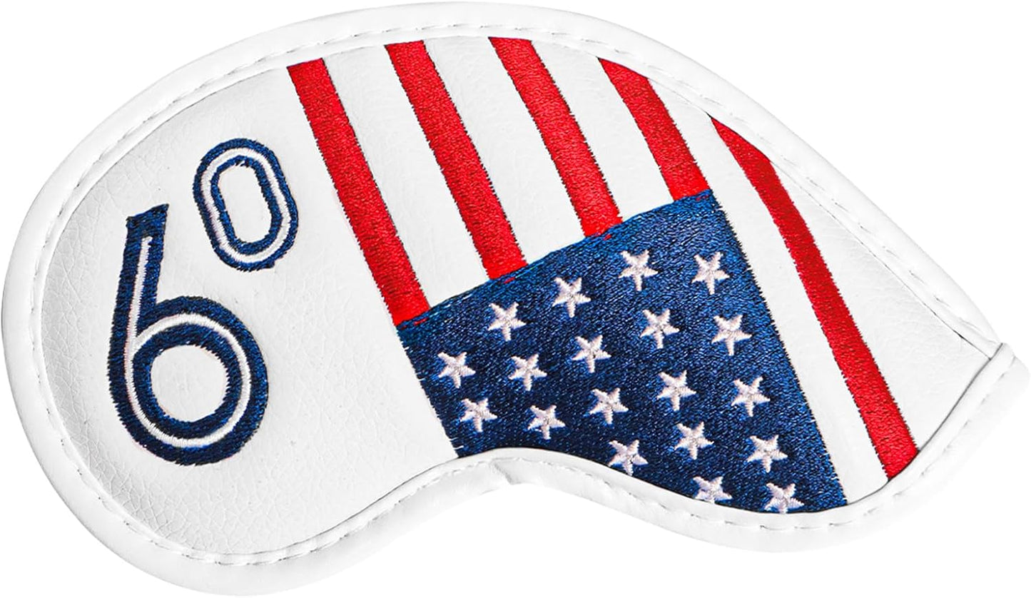 Golf Iron Wedge Head Covers 52° 54° 56° 60° 1 or 4 Pack, Synthetic Leather Clover USA Flag Design Club Head Protection, Universal Headcover Fit Iron Clubs for Men Women