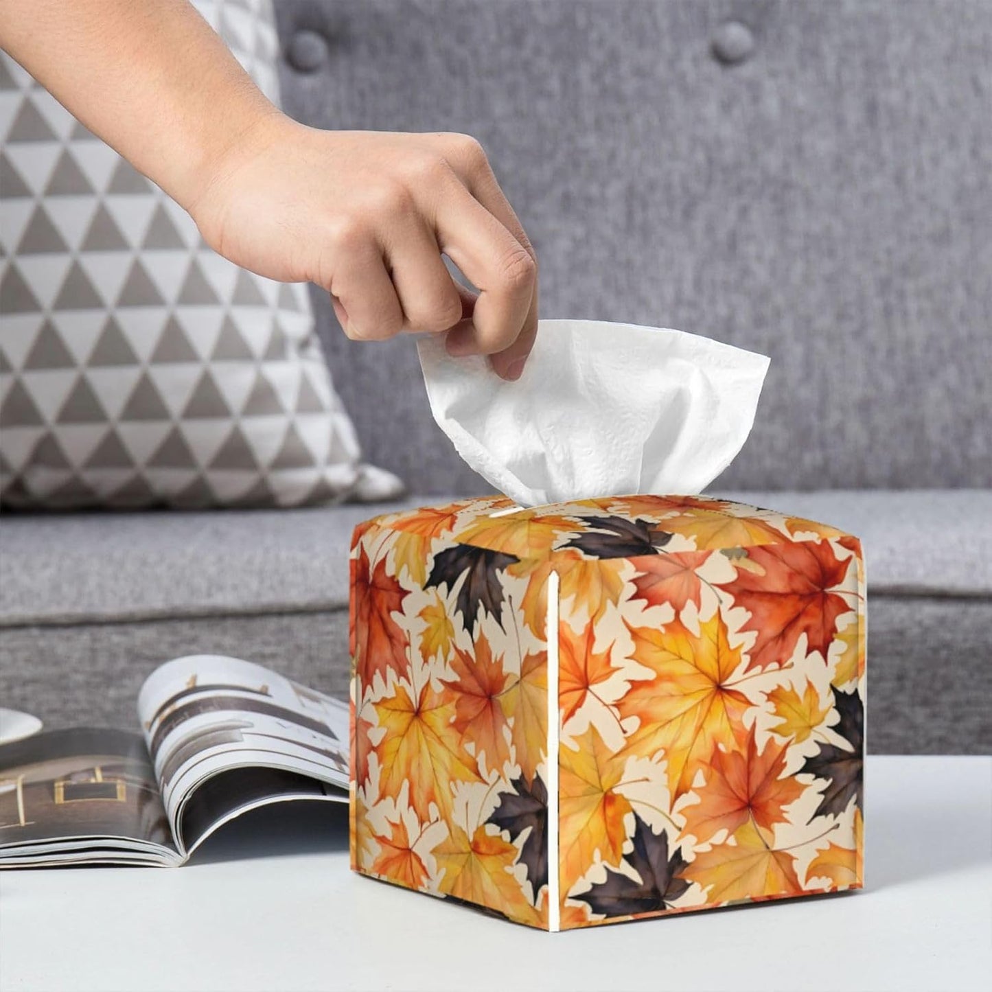 Tissue Box Cover Fall Maple Leaf Square PU Leather Tissue Box Holder for Car Bathroom Bedroom Desk Tabletop Decor
