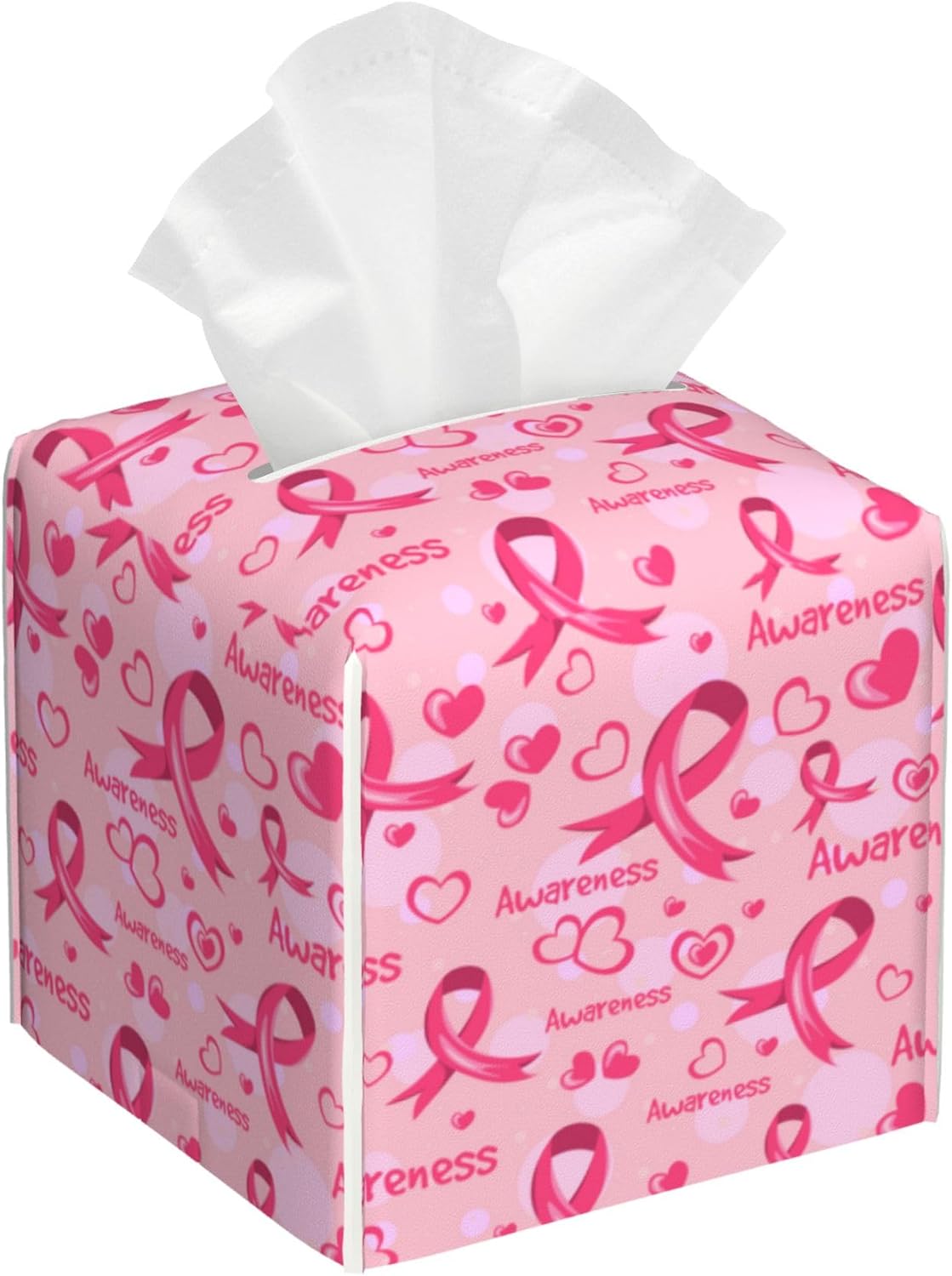 Breast Cancer Awareness Tissue Box Cover Square,Ribbons and Hearts Tissue Box Holder Waterproof Leather Facial Paper Organizer Dispenser for Bathroom Home Car Nightstand Vanity Desk