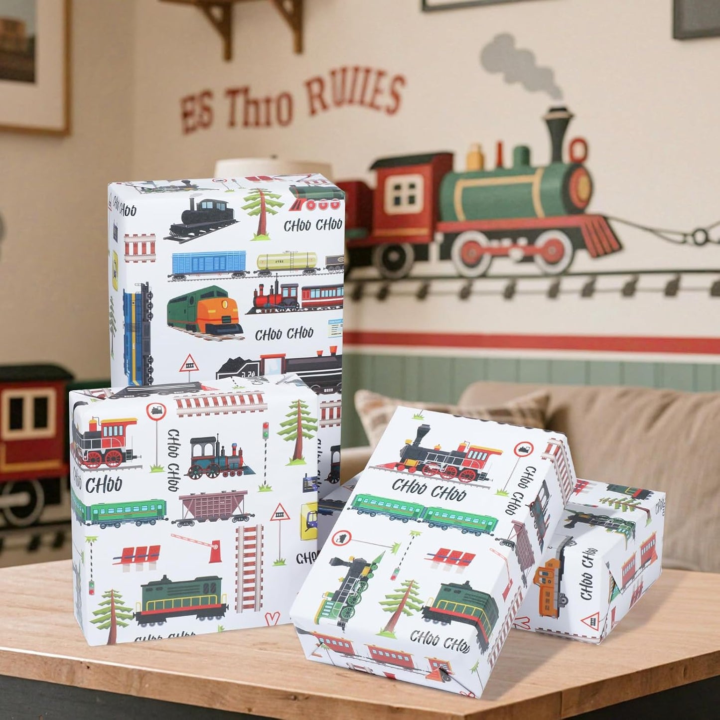 Pineraap Train Themed Wrapping Paper Roll - 17Inch x16.4Feet - Locomotive Railroad Track Sign Design Gift Wrap for Birthday,Holiday Parties,Baby Showers