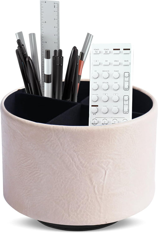 Hennaja Round Leather Art Supply Organizer,Remote Control Holder,360 Degree Spinning,Multi-Functional Pencil Holder,4 Compartments Desktop Stationary Organizer(1-Crazy White)