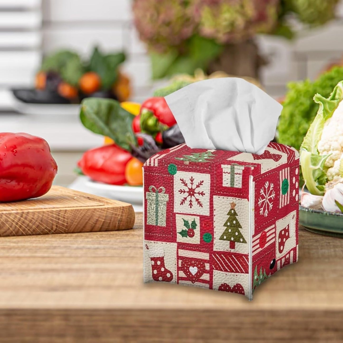 Christmas Tissue Box Cover Square Leather Tissue Cover Red Facial Paper Box Holder for Desk Bathroom Vanity Countertop 5x5x5 inch Xmas Home Decor