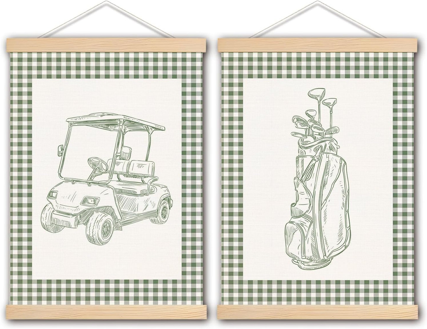 DNEULYR Sage Green Checkered Golf Wall Art Poster, Golf Nursery Wall Decor, Retro Golfing Golfer Poster Hanger Frame for Kids Boys Room Bedroom Nursery Playroom, 12x16 Inches Set of 2