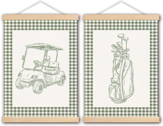 DNEULYR Sage Green Checkered Golf Wall Art Poster, Golf Nursery Wall Decor, Retro Golfing Golfer Poster Hanger Frame for Kids Boys Room Bedroom Nursery Playroom, 12x16 Inches Set of 2