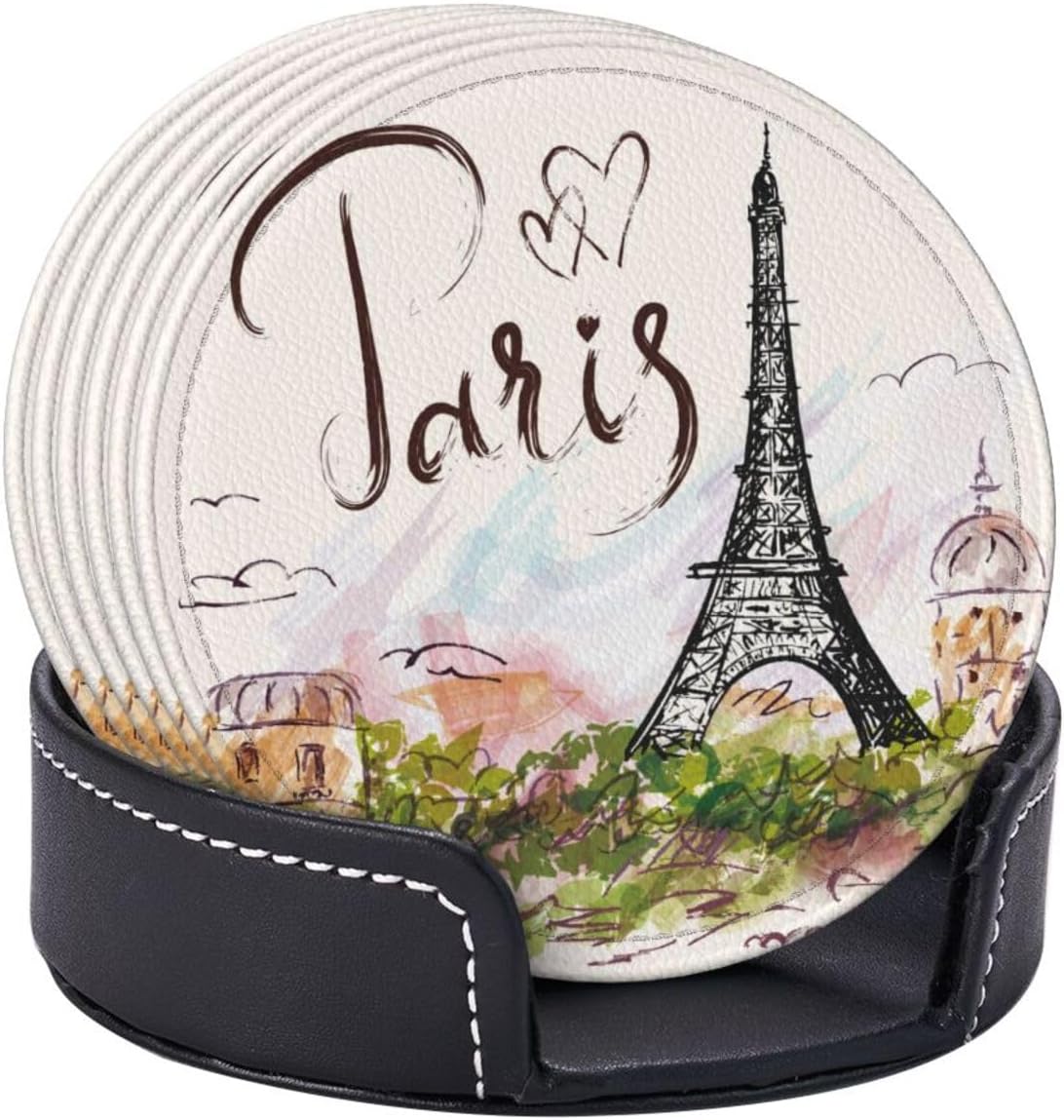 Pretty Paris Romantic Eiffel Tower Coasters for Drinks Round Leather Coaster with Holder Set of 6 for Tabletop Protection Desk Accessories Office Home Room Decor