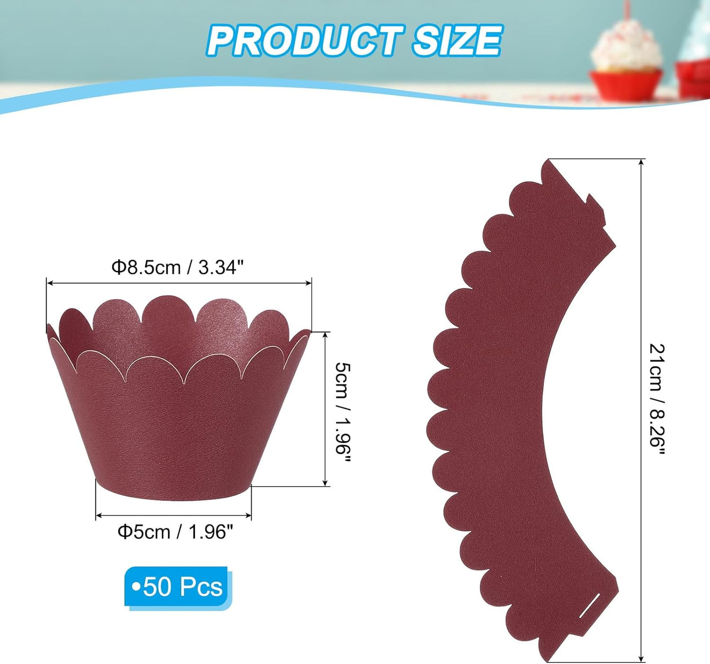 PATIKIL Cupcake Wrappers Paper, 50 Pack Baking Cups Standard Wave Decoration for Anniversary Birthday Weddings and Parties, Dark Red