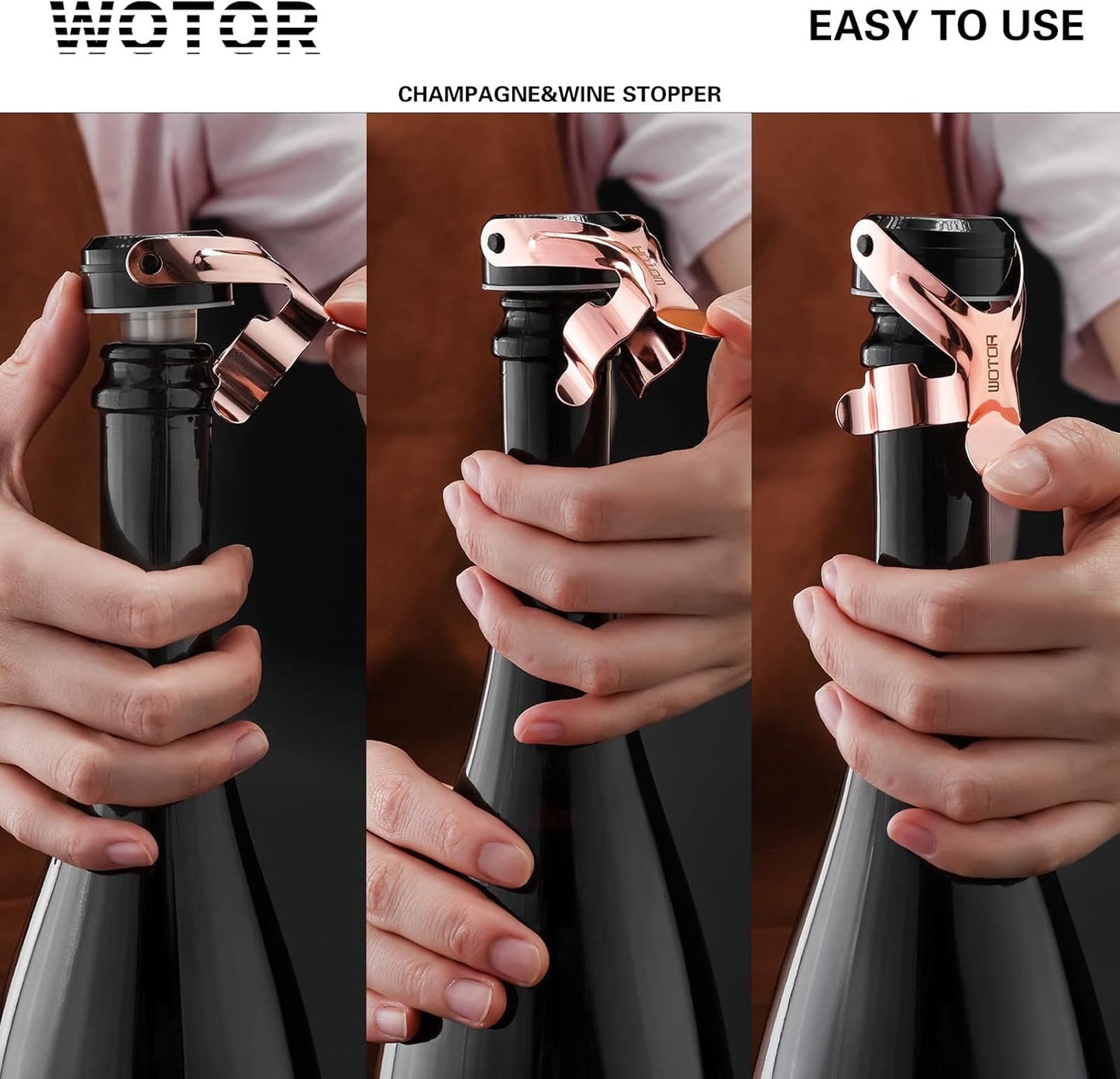 WOTOR Champagne&Wine Bottle Stoppers Stainless Steel with Food Grade Silicone, Leak Proof Keep Fresh Reusable Saver, Cork Suitable for Wine, Champagne, Cava, Prosecco and Sparkling (2 Pack Rosegold）
