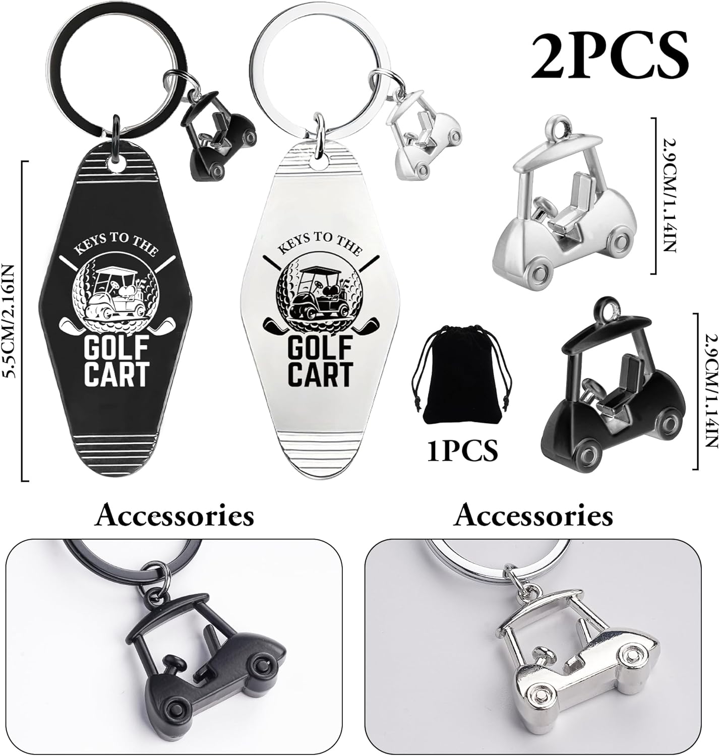 2pcs Golf Cart Keychain for Golfer, Retro Metal Car Accessories, Funny Golf Birthday Gifts Key Ring for Men Father Husband