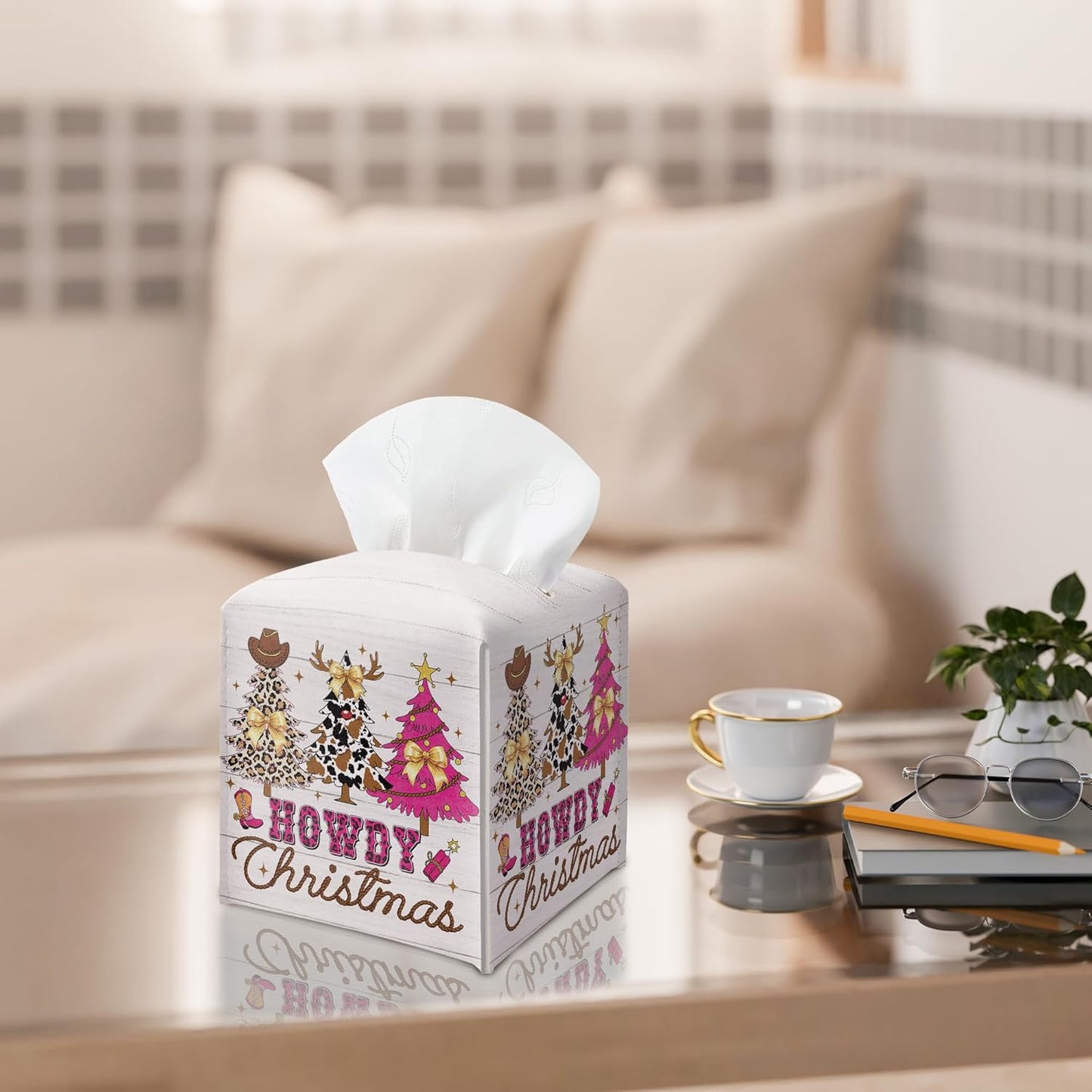 Christmas Tissue Box Holder, Pink Western Cowboy Christmas Trees Leather Tissue Box Cover Square, Coquette Xmas Bow Paper Facial Decorative Tissues Cover for Bathroom Office Home Decor-B04