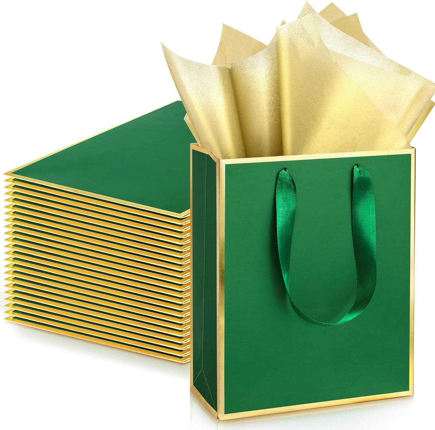 Yeaqee 24 Pack Metallic Paper Gift Bags with Handle and Tissue 9x7x3.1 Gold Foil Welcome Favor Bags Return Gifts for Wedding Fall 5 Senses Christmas Bridesmaid Birthday(Green Gold)