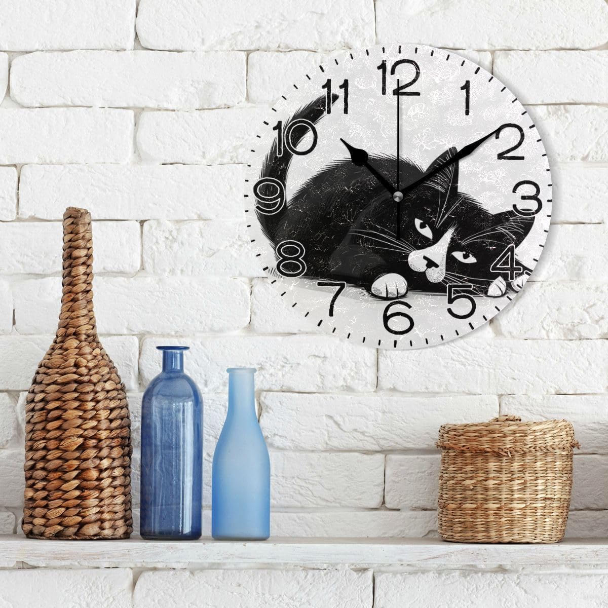 A Black Cat Wall Clock Battery Operated Non Ticking Silent Quartz Analog Rustic Farmhouse Round Clock Retro Decor for Home Kitchen Living Room Bathroom