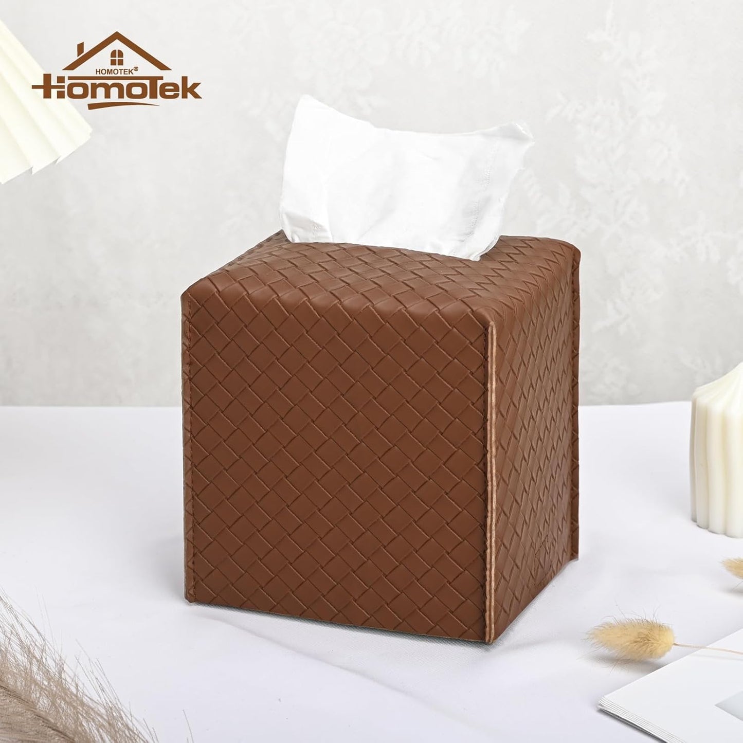 HOMOTEK 2 Pack Tissue Box Cover, Square PU Leather Tissue Holder, Decorative Facial Tissue Cube Paper Organizer Dispenser for Bathroom, Night Stands, Desk, Car 5X5X5'' - Woven Waffle,Chocolate