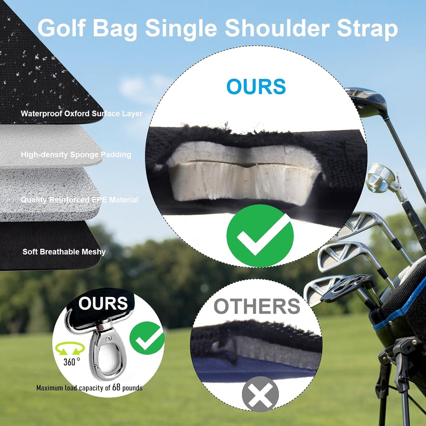 Golf Bag Shoulder Strap Upgraded Single Padded Adjustable Straps Universal Replacement(Black,1 Pack)